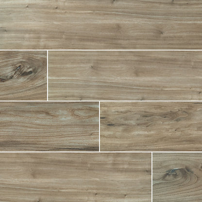 Catalina Teak 8x48 polished porcelain wood tile, featuring rich brown tones and elegant wood grain patterns.
