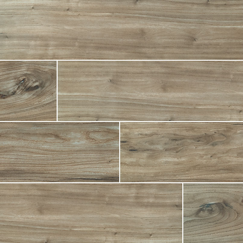 Catalina Teak 8x48 polished porcelain wood tile, featuring rich brown tones and elegant wood grain patterns.