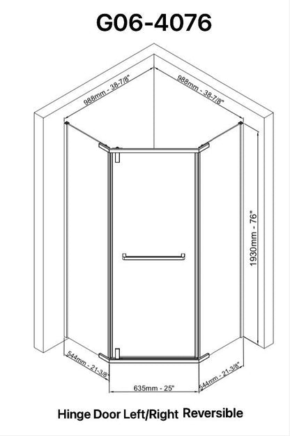 Neo Maggie Angle G06 Hinged Shower Door  36"W X 36"W X 76"H & 40"W X 40"W X 76"H (3/8" Thickness) (Chrome or Brushed Nickel)