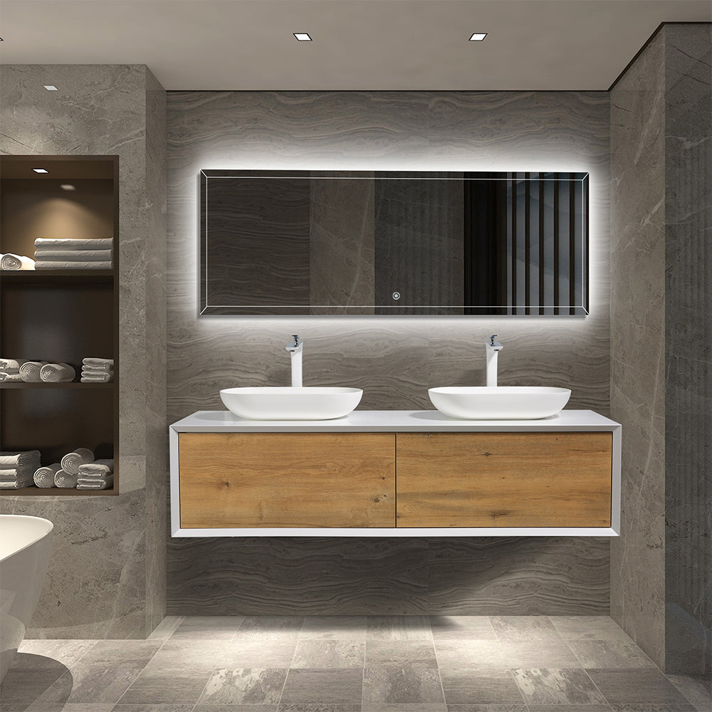 63" V9013 Fiona Series Wall Hung Vanity & Acrylic Double Basins (Matte White / Fural Oak）