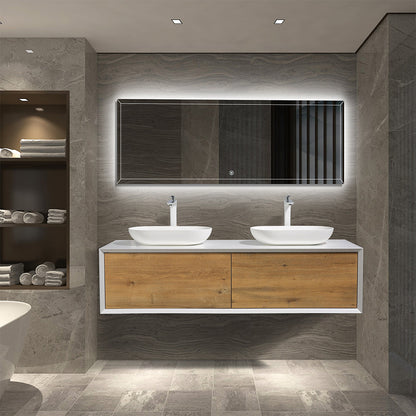63" V9013 Fiona Series Wall Hung Vanity & Acrylic Double Basins (Matte White / Fural Oak）