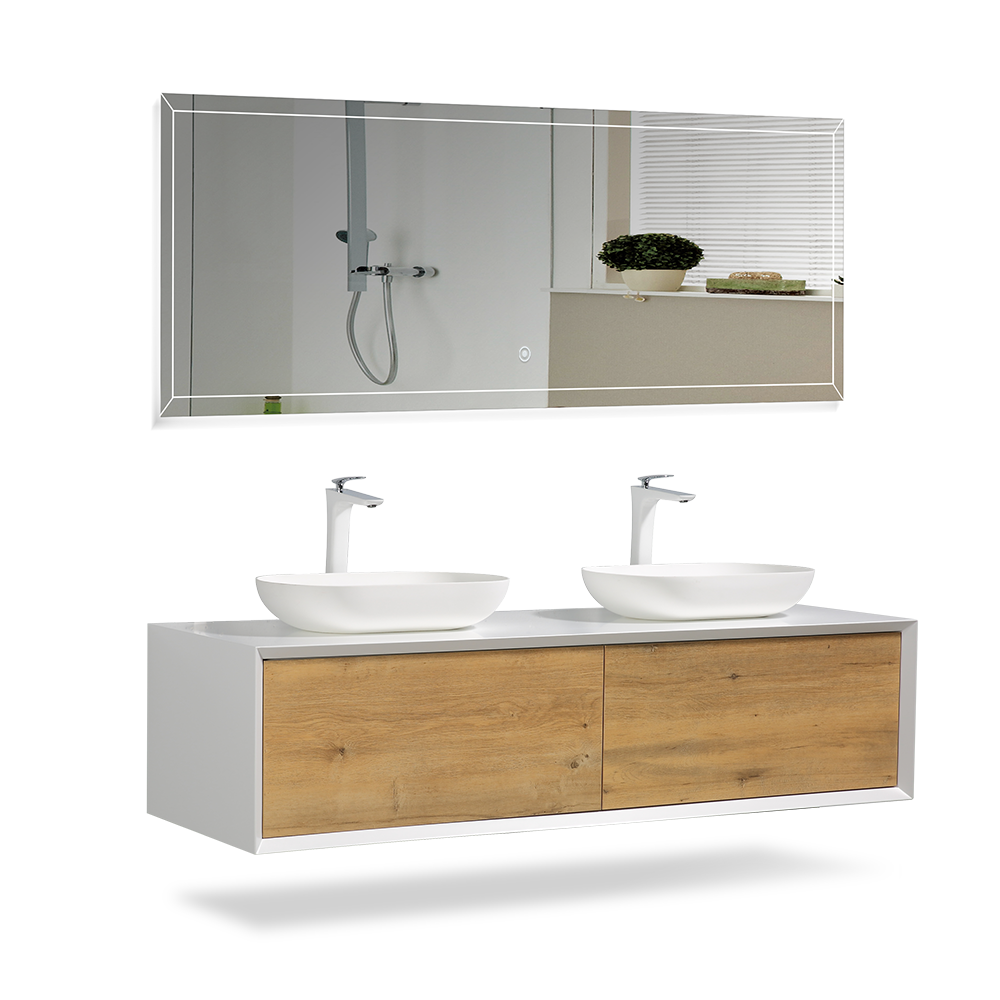 63" V9013 Fiona Series Wall Hung Vanity & Acrylic Double Basins (Matte White / Fural Oak）