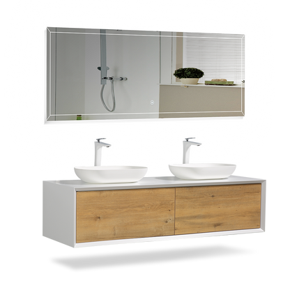 63" V9013 Fiona Series Wall Hung Vanity & Acrylic Double Basins (Matte White / Fural Oak）