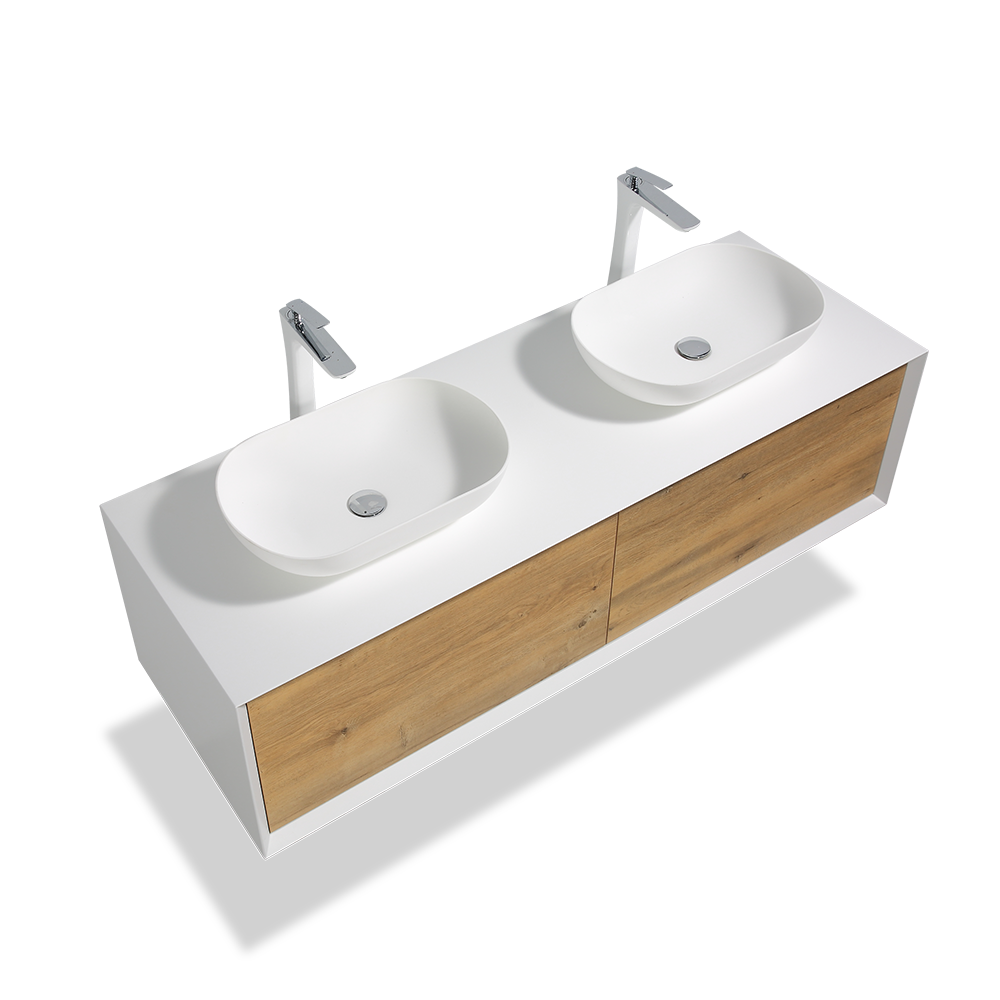 63" V9013 Fiona Series Wall Hung Vanity & Acrylic Double Basins (Matte White / Fural Oak）