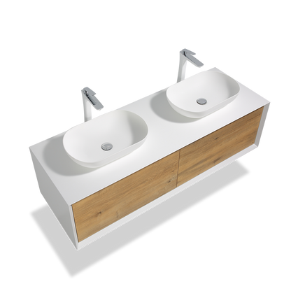 63" V9013 Fiona Series Wall Hung Vanity & Acrylic Double Basins (Matte White / Fural Oak）