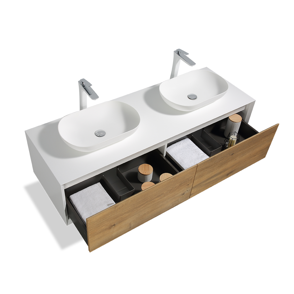 63" V9013 Fiona Series Wall Hung Vanity & Acrylic Double Basins (Matte White / Fural Oak）