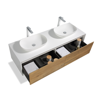 63" V9013 Fiona Series Wall Hung Vanity & Acrylic Double Basins (Matte White / Fural Oak）