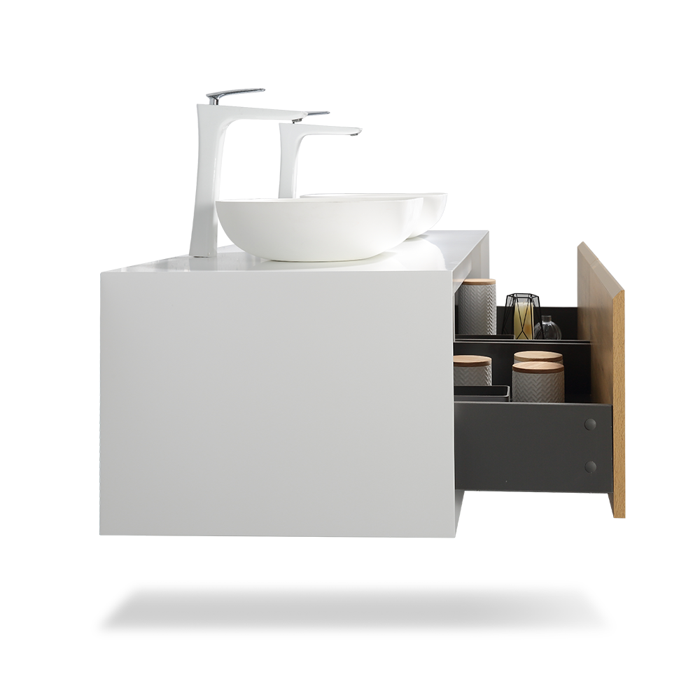 63" V9013 Fiona Series Wall Hung Vanity & Acrylic Double Basins (Matte White / Fural Oak）