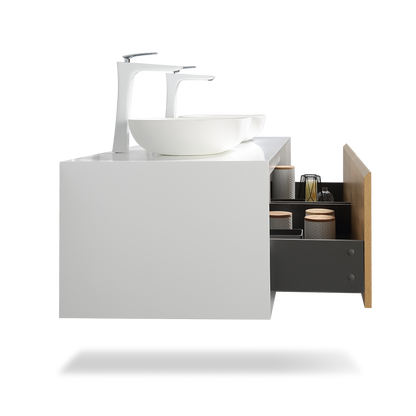 63" V9013 Fiona Series Wall Hung Vanity & Acrylic Double Basins (Matte White / Fural Oak）