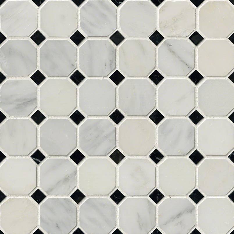 Greecian White 2" Octagon With Black 5/8x5/8 Polished In 12x12 Mesh