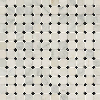 Greecian White 2" Octagon With Black 5/8x5/8 Polished In 12x12 Mesh