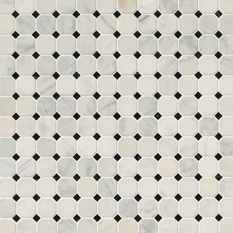 Greecian White 2" Octagon With Black 5/8x5/8 Polished In 12x12 Mesh