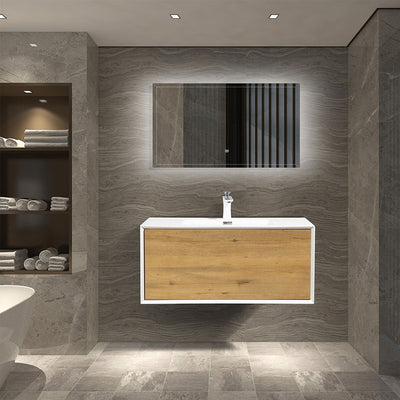36" V9021 Fiona Wall Hung Vanity & Acrylic Basin  (Matte White / Fural Oak） bathroom vanities - Shop at Home Craft Studio - 1
