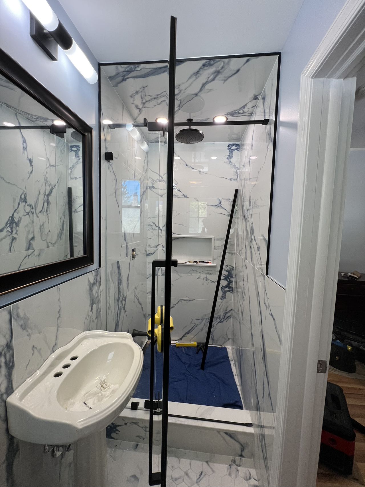 54" AH01 Series Frameless Swing Shower Door with Klearteck Treatment (Fixed 3/8" & Swing 5/16" Thickness) (Matte Black)  - Shop at Home Craft Studio - 2