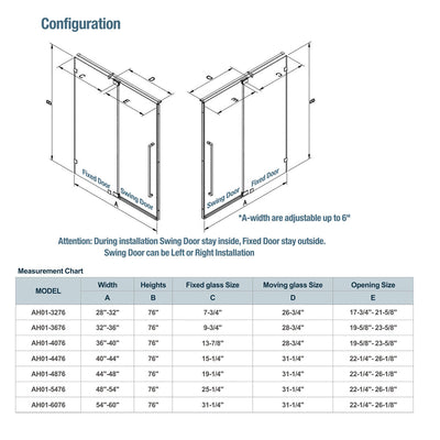 54" AH01 Series Frameless Swing Shower Door with Klearteck Treatment (Fixed 3/8" & Swing 5/16" Thickness) (Matte Black)  - Shop at Home Craft Studio - 10