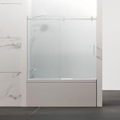 60" Amber Series Tub Door Frameless Sliding with Klearteck Treatment (3/8" Fixed + 5/16" Sliding )  (Brushed Nickel) shower door - Shop at Home Craft Studio - 1