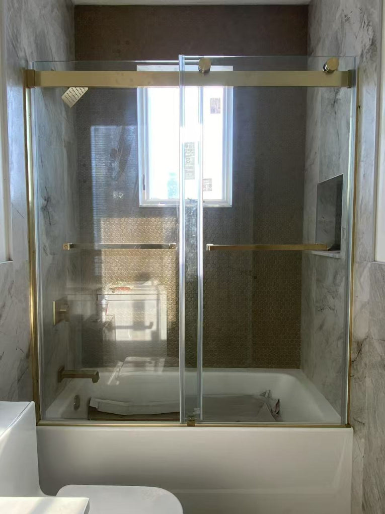 60" Ayden Series Tub Door Frameless Bypass with Klearteck Treatment (3/8" Thickness) (Brushed Gold) shower door - Shop at Home Craft Studio - 1