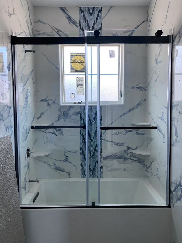 60" Ayden Series Tub Door Frameless Bypass with Klearteck Treatment (3/8" Thickness) (Matte Black) shower door - Shop at Home Craft Studio - 1