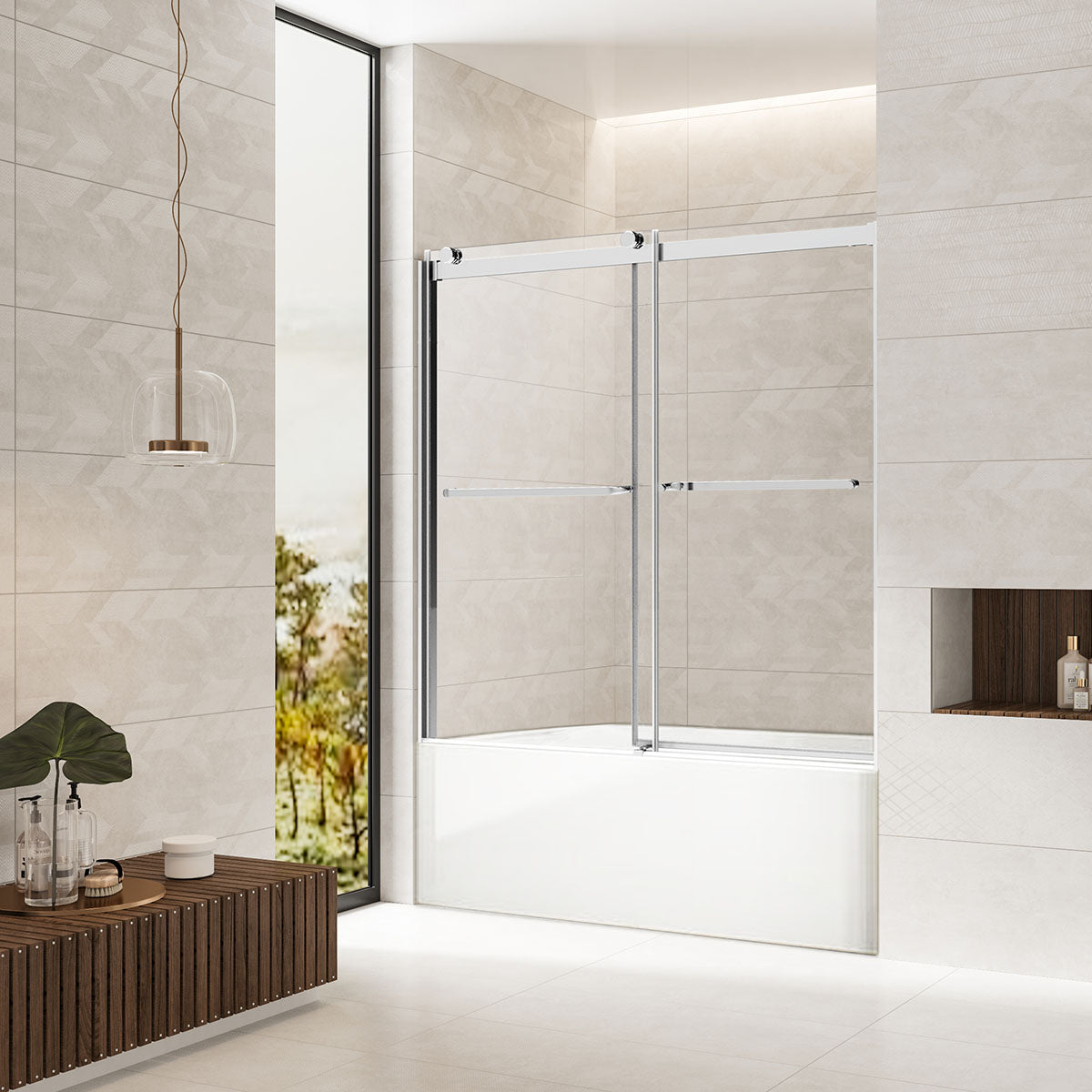 60" John Series Tub Door Frameless Bypass with Klearteck Treatment (5/16" Thickness) (Brushed Nickel) shower door - Shop at Home Craft Studio - 1