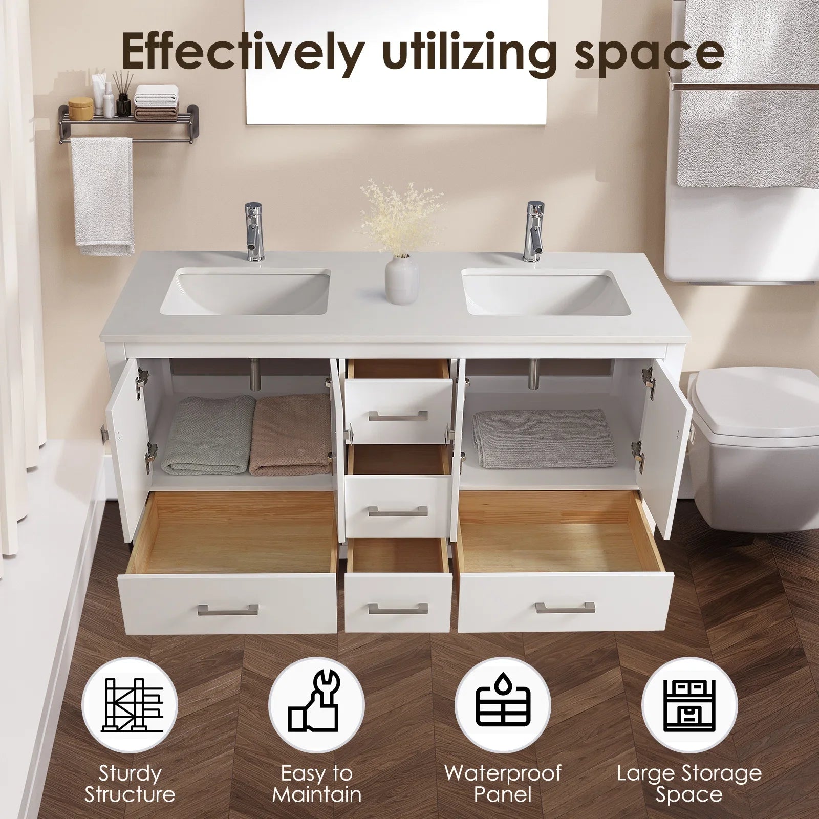 60" V9008 Vanity & Quartz Countertop Double Basins (Matte White)  - Shop at Home Craft Studio - 2