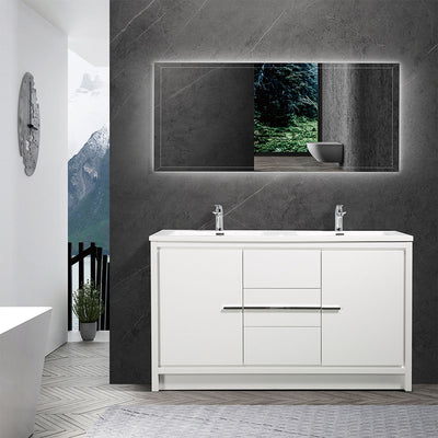 60" V9019 Allier Series Standing Vanity & Acrylic Basin Double Sink (Glossy White）  - Shop at Home Craft Studio - 1