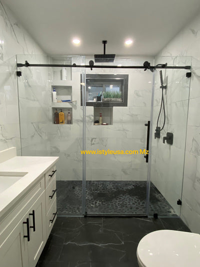78" MZ Matthew Series Frameless (3 Panels) Single Sliding Shower Door with Klearteck Treatment (3/8" Thickness) (Matte Black) shower door - Shop at Home Craft Studio - 4