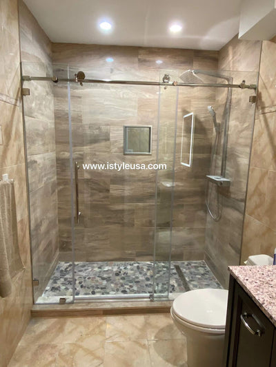 78" MZ Matthew Series Frameless Single Sliding Shower Door with Klearteck Treatment (3/8" Thickness)(3 Panels)(Brushed Gold) shower door - Shop at Home Craft Studio - 3
