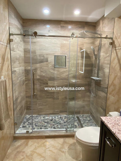 78" MZ Matthew Series Frameless Single Sliding Shower Door with Klearteck Treatment (3/8" Thickness) (3 Panels)(Brushed Nickel) shower door - Shop at Home Craft Studio - 2