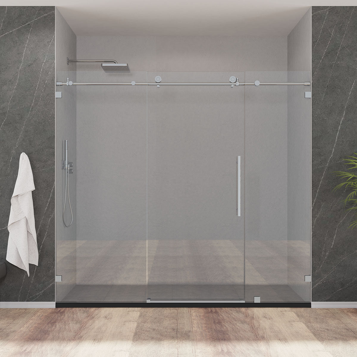 84" MZ Matthew Series Frameless Single Sliding Shower Door with Klearteck Treatment (3/8" Thickness)(3 Panels)(Brushed Nickel) shower door - Shop at Home Craft Studio - 1