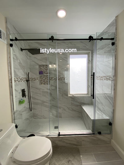 84" MZ Matthew Series Frameless Single Sliding Shower Door with Klearteck Treatment (3/8" Thickness) (3 Panels) (Matte Black) shower door - Shop at Home Craft Studio - 2