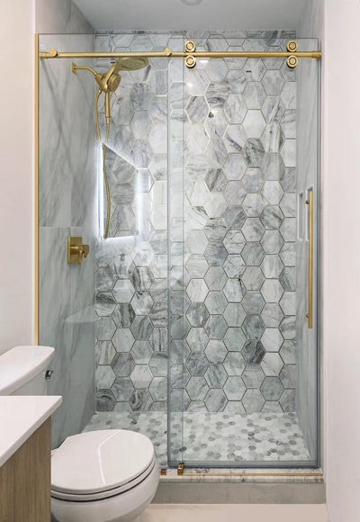 Low Iron & Laminated  60"W x 80" H Frameless Single Sliding (Brushed Gold) shower door - Shop at Home Craft Studio - 1