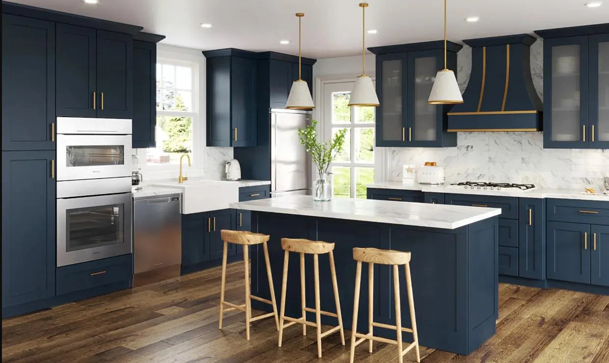 Modern Petit Blue Kitchen Cabinets with clean lines and gold accents in a stylish kitchen setting.