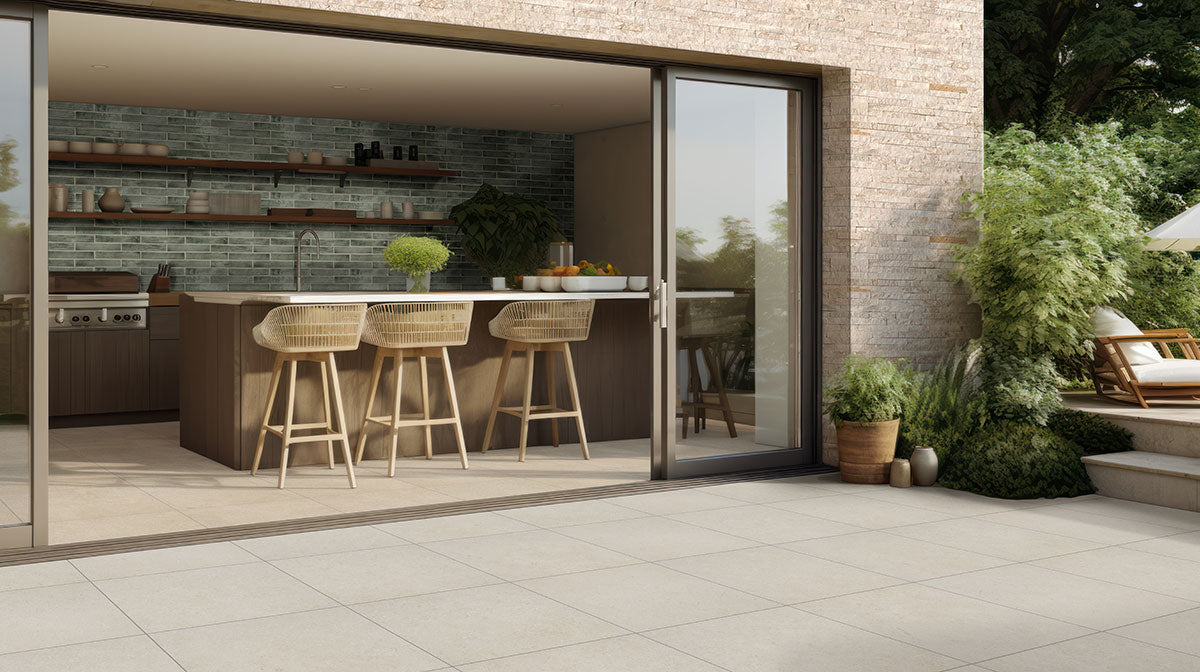 Livingstyle Pearl 18x36 Matte pavers enhance a modern outdoor kitchen with soft gray tones and natural stone look.