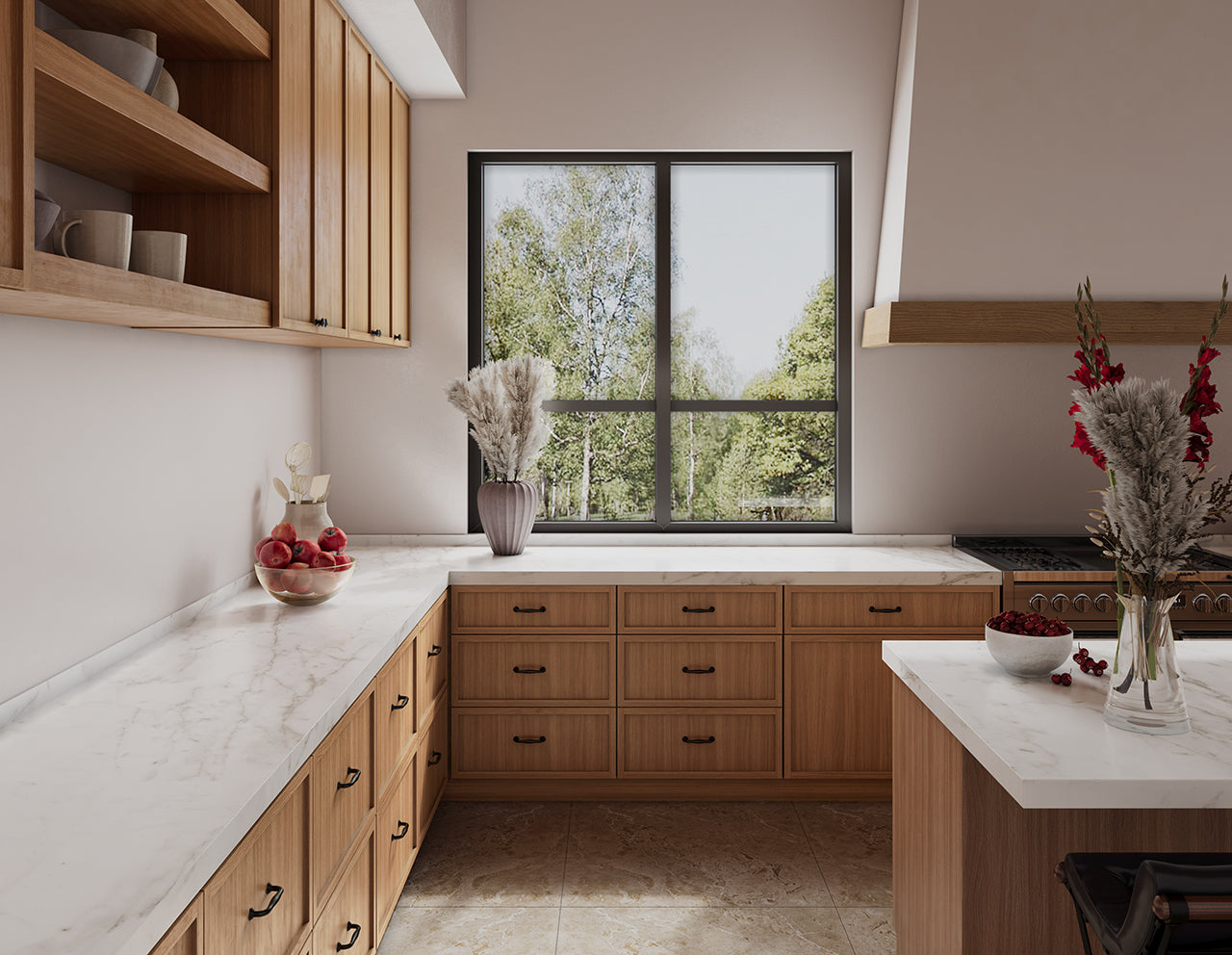 Stylish Petit brown kitchen cabinets with clean lines, marble countertop, and natural light from a window.