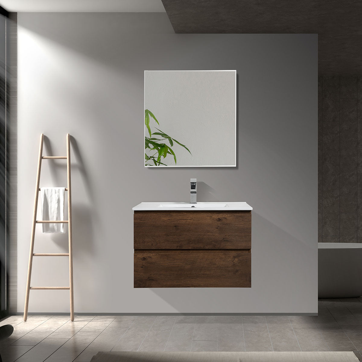 30" V9005 Angela Wall Hung Vanity & Ceramic Sink (Rose Wood）
