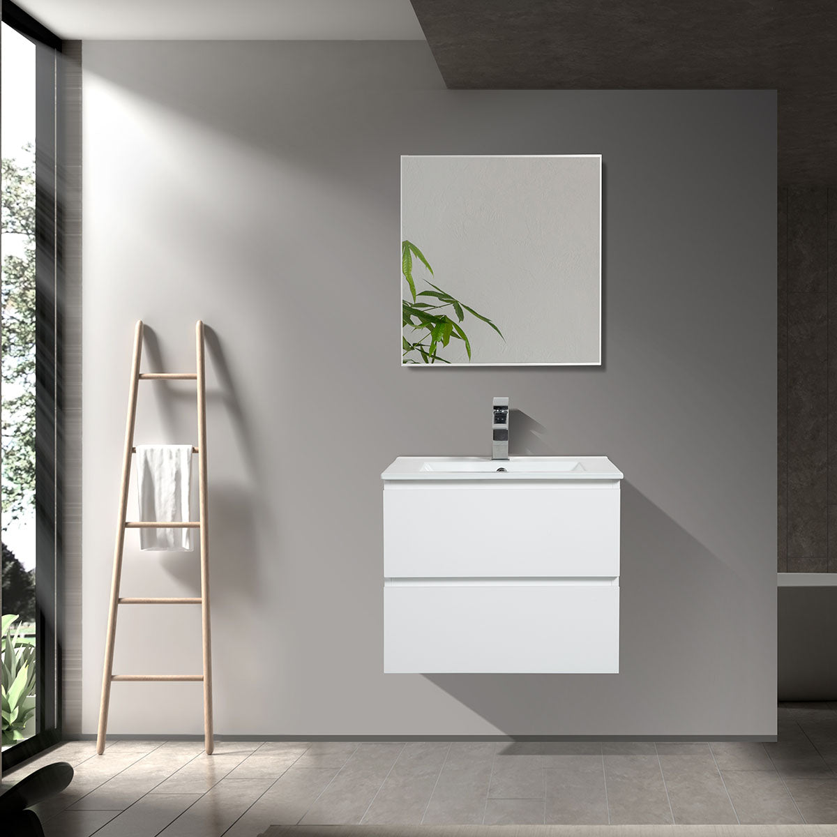 24" V9005 Angela Wall Hung Vanity & Ceramic Sink (Glossy White）