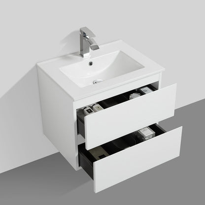 24" V9005 Angela Wall Hung Vanity & Ceramic Sink (Glossy White）