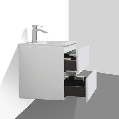24" V9005 Angela Wall Hung Vanity & Ceramic Sink (Glossy White）