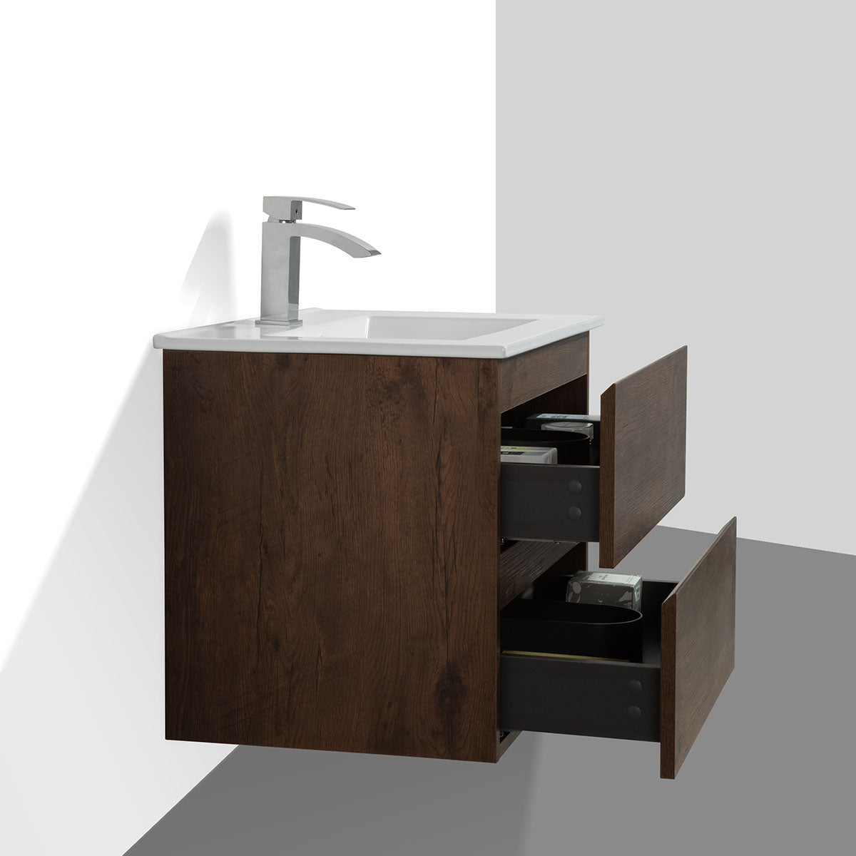 24"  V9005 Angela Wall Hung Vanity & Ceramic Sink (Rose Wood)