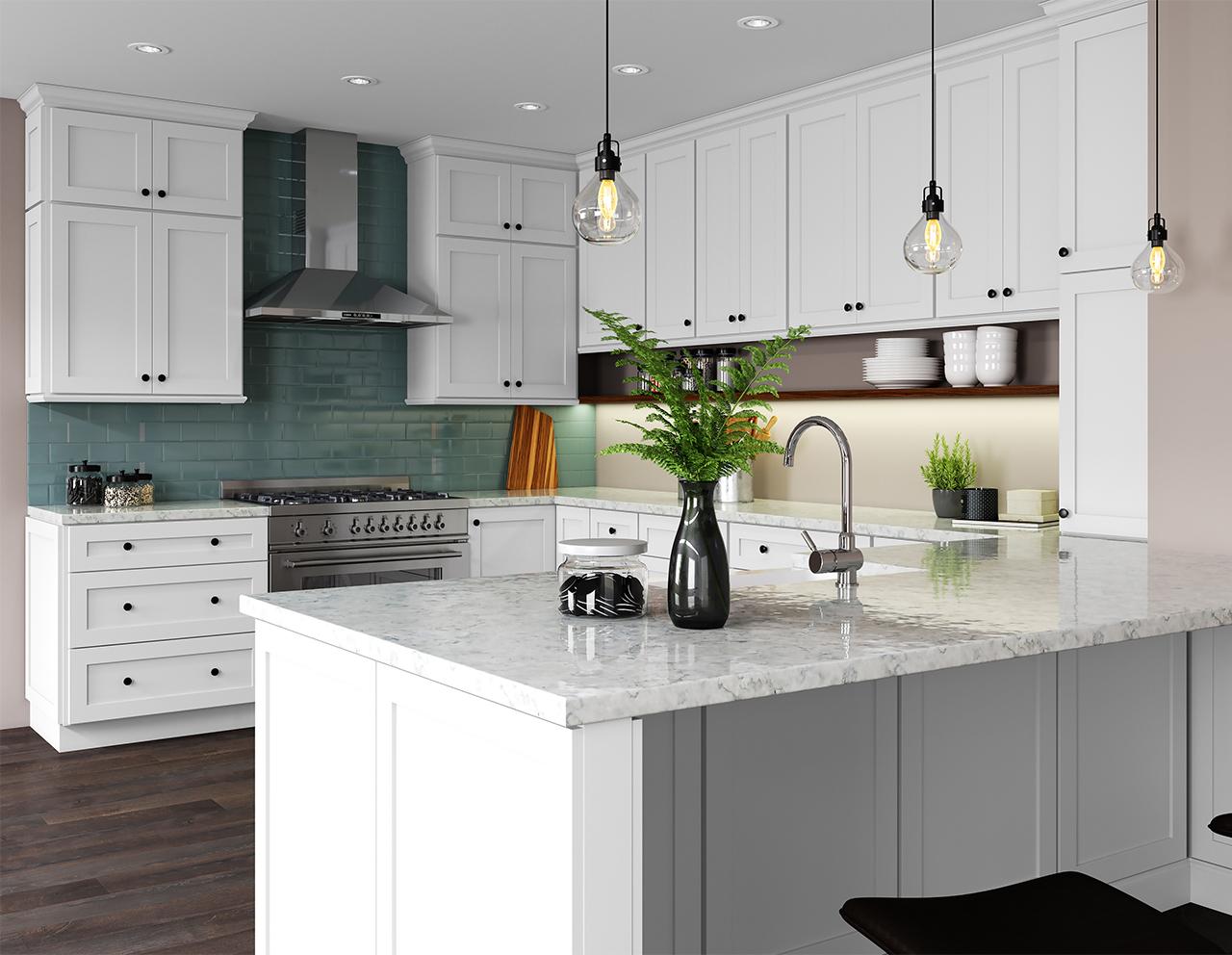 Modern kitchen featuring Vista White Shaker cabinets, granite countertops, and stylish pendant lighting.